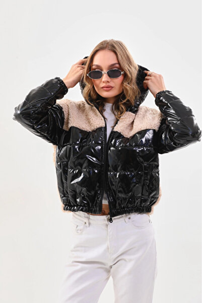 hazelin Women's Cream Black Patent Leather Zippered Lined Crop Plush Coat with Elastic Waist HZL24W-BRC129361