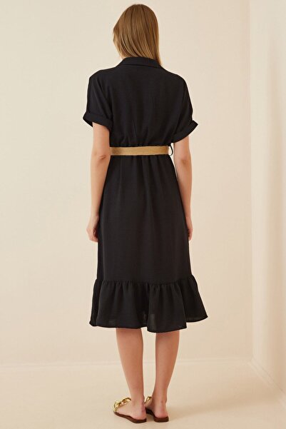 hazelin Γυναικείο μαύρο πουκάμισο με γιακά με κουμπιά και ψάθινη ζώνη Ayrobin HZL22S-BD122921