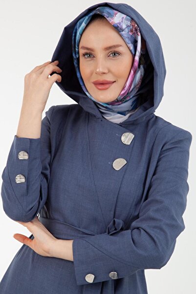 Armine TREND Kapüşonlu Belden Bağlamalı Düğmeli Pardesü Kap-Mavi 22YT805