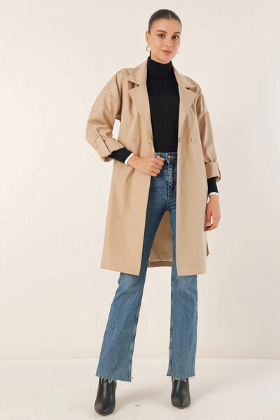 hazelin Kadın Krem Kuşaklı Cepli Astarlı Kruvaze Yaka Kısa Trençkot HZL23W-BD191041