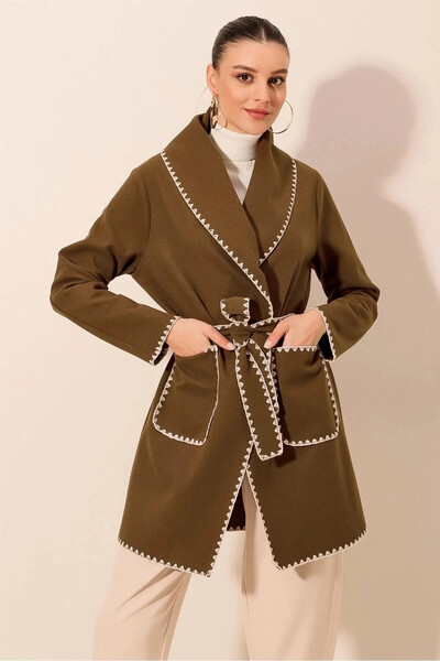 hazelin Women's Brown Embroidery Detailed Belted Waist Unlined Buttonless Cashmere Coat Hzl24W-Bd191301