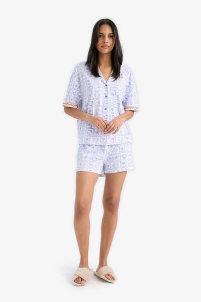 DeFacto Pajama Set Regular Fit Patterned Short Sleeve Top Shorts-Fall in Love E4630Ax25Hs