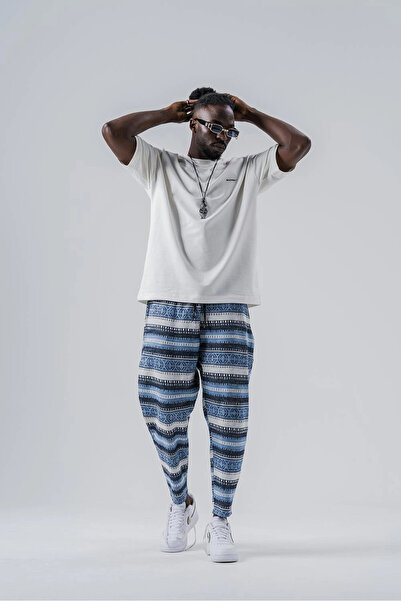 hazelin Чоловічі сині штани з етнічним візерунком, з поясом на шнурку, прямим...