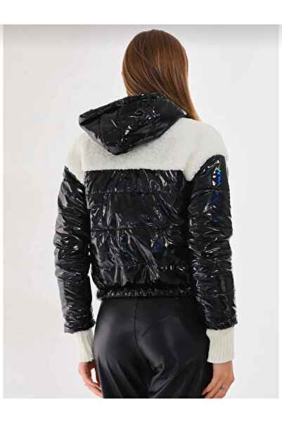 hazelin Women's White Black Patent Leather Lined Elastic Waist Hooded Crop Plush Coat Hzl24W-Brc144441