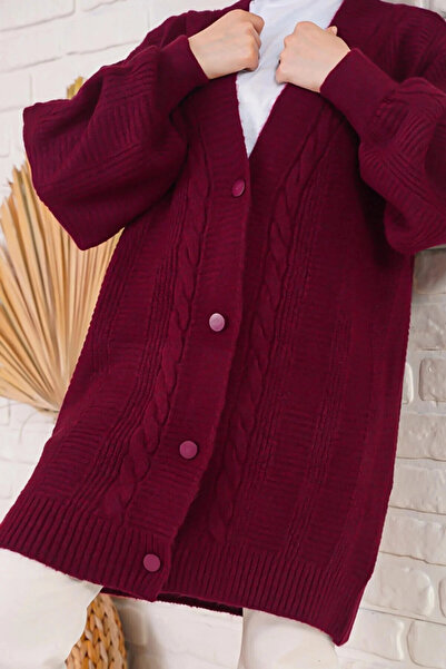 Bigdart Women's Burgundy Hair Knitted Pattern Long Buttoned Casual Cut Knitwear Cardigan HZL23W-BD1100691
