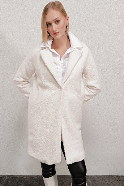 hazelin Women's Bone Single Button Double Pocket Lined Boucle Cashmere Coat Hzl22W-Bd190821