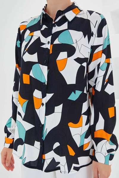hazelin Geometric Patterned Black and White Viscose Shirt - Long Sleeve, Oversize, HZL24S-BD1202251