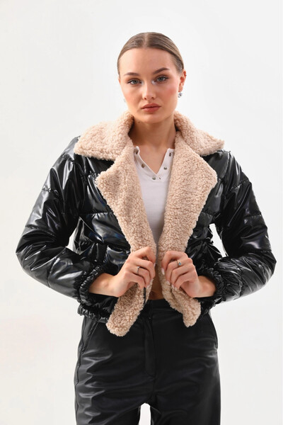 hazelin Γυναικείο κρεμ μαύρο λουστρίνι με επένδυση στο πλάι και ελαστική μέση, λούτρινο παλτό με λεπτομέρειες HZL24W-BRC129381