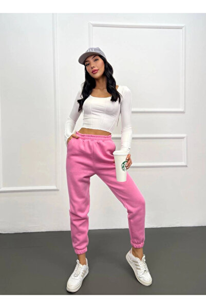 hazelin Ροζ γυναικεία φούτερ - τσέπες και ελαστική μέση, 3 κλωστές raster HZL24W-ZK12321