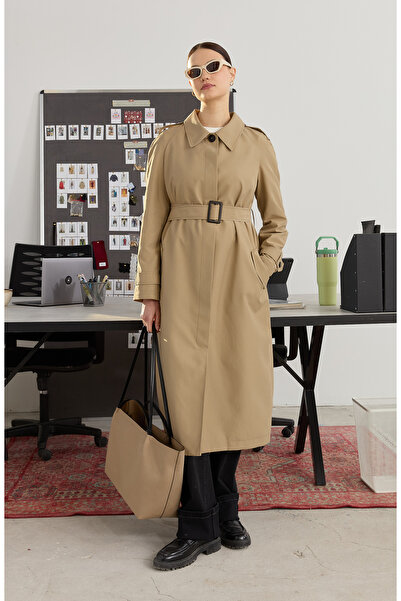 Fatma Atasoy Tek Sıra Düğmeli Sütlü Kahve Trençkot