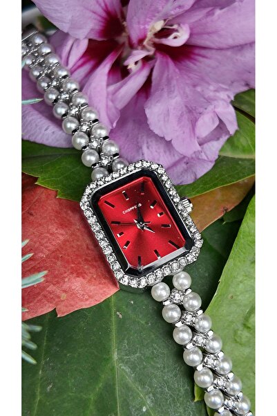 Melinora Dariya Rouge Cornered Stone Red Dial Pearl Detailed Women's Wristwatch