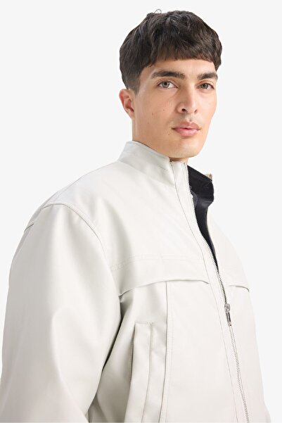 DeFacto Oversize Fit Geniş Kalıp Dik Yaka Fermuarlı Cepli Suni Deri Ceket Mont E8818AX25AU