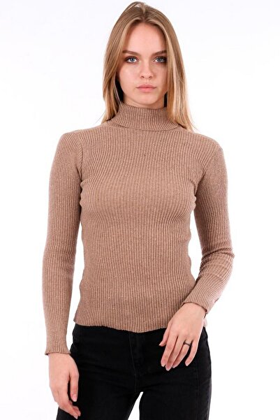 hazelin Pulover tricotat pentru femei, bej închis, cu gât înalt, material rei...