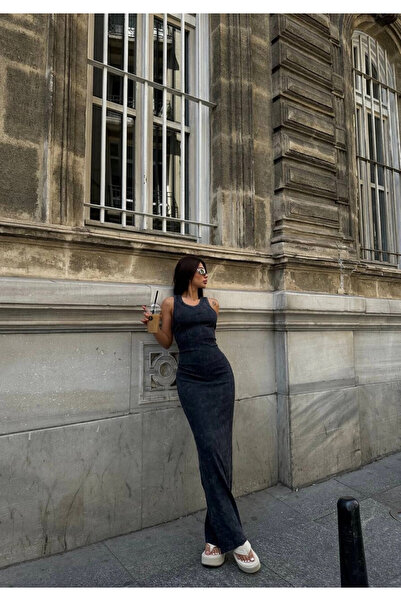 hazelin Black Corduroy Long Dress - Crew Neck, Zero Sleeve, Washable HZL24S-VL1241071