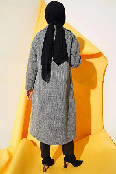hazelin Women's Hijab Gray Wool Buttoned Double Pocket Lined Wide Fit Coat HZL23W-BD191131