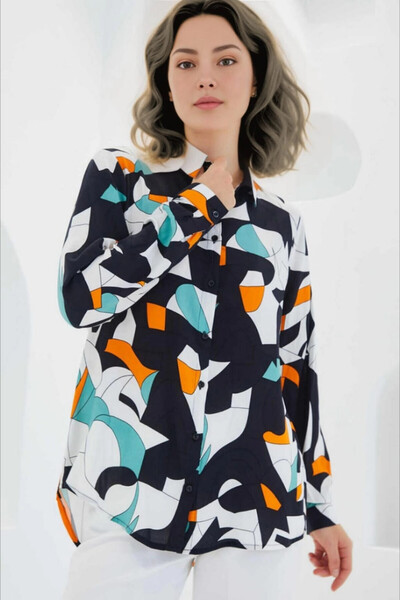 hazelin Geometric Patterned Black and White Viscose Shirt - Long Sleeve, Oversize, HZL24S-BD1202251