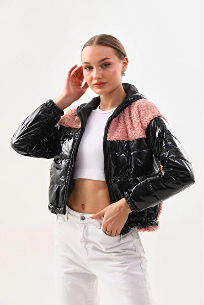 hazelin Women's Pink Black Patent Leather Zippered Lined Elastic Waist Crop Plush Coat Hzl24W-Brc129361