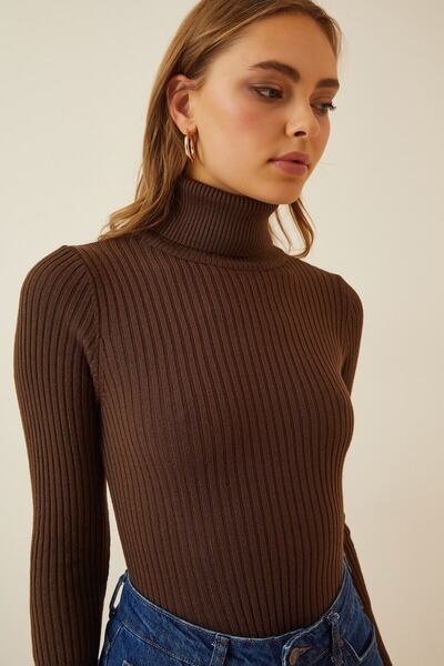 hazelin Women's Brown High Neck Ribbed Knitwear Turtleneck Sweater Hzl22W-Bd1...