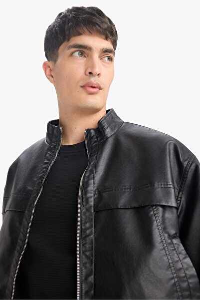 DeFacto Oversize Fit Geniş Kalıp Dik Yaka Fermuarlı Cepli Suni Deri Ceket Mont E8818AX25AU