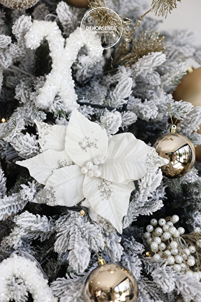 Dekorsende Штучна блискуча перлинна понсетія біла 18 см