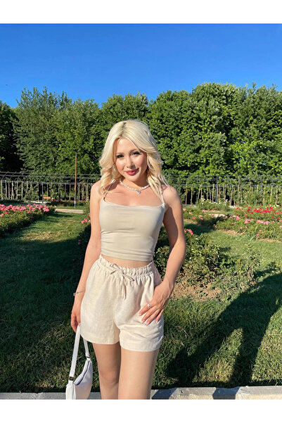 hazelin Бежеві шорти з льону - Еластичний пояс, розріз і кишені HZL24S-ZK11071