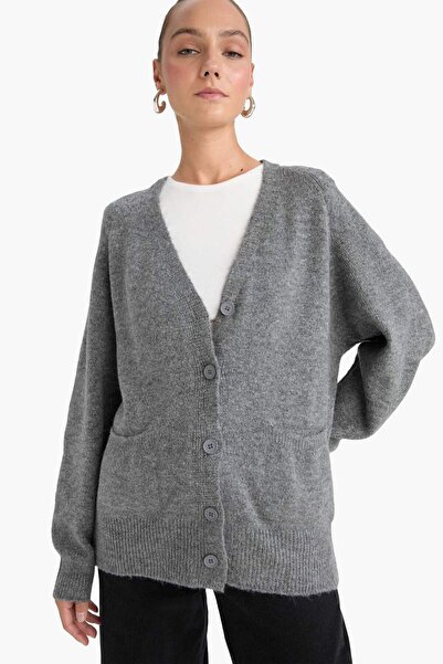 DeFacto Oversize Wide Fit V-Neck Soft Textured Buttoned Cardigan F2902Ax25Wn