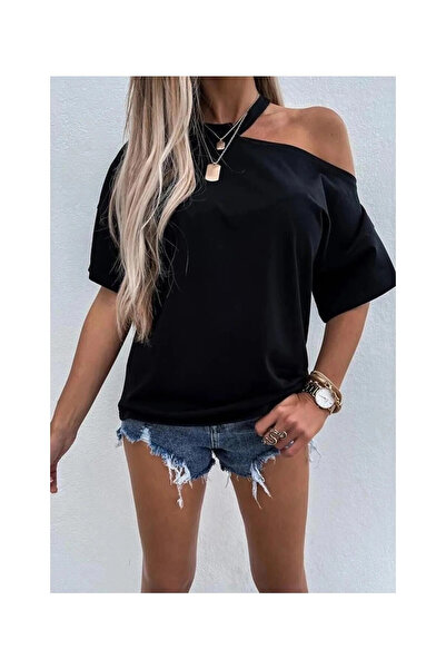 hazelin Γυναικείο μαύρο απλό πλεκτό μπλουζάκι με λεπτομέρεια στον ώμο oversiz...