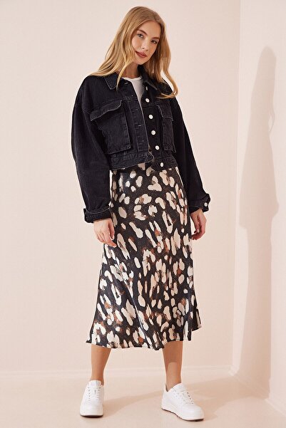 hazelin Women's Anthracite Patterned Satin Finished Midi Skirt with Elastic Waist Hzl23s-bd1101471