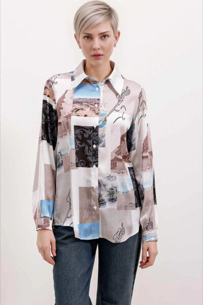 hazelin Ανοιχτό μπεζ στάμπα σατέν πουκάμισο για γυναίκες - ελαφρύ και επιφανειακό HZL24S-BD 1202441