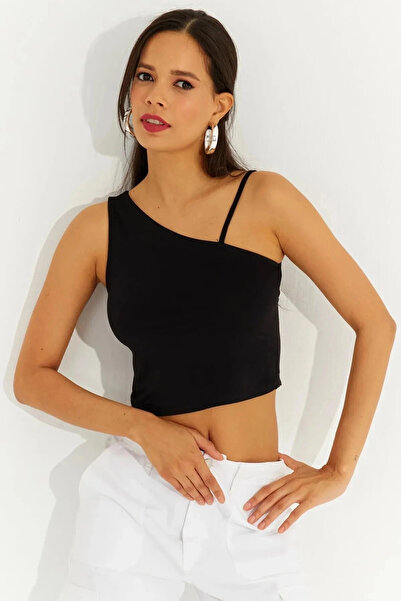 hazelin Bluză crop din lycra cu un singur umăr, cu bretele negre, pentru femei HZL23S-SND120171