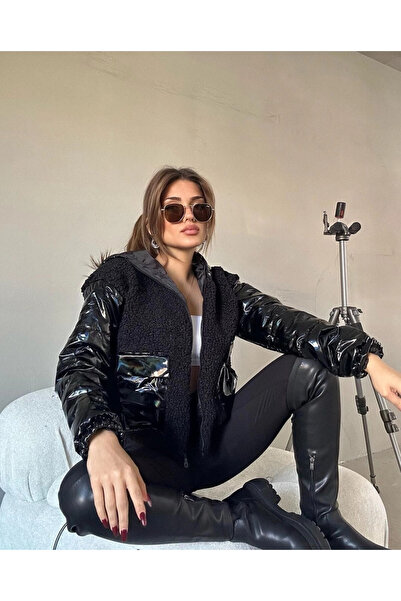 hazelin Women's Black Patent Leather Lined Elastic Waist Hooded Crop Plush Coat Hzl24W-Brc144441