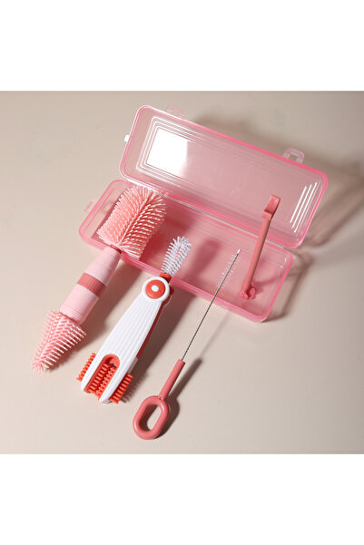 Choice مجموعة تنظيف زجاجات الأطفال 4 في 1 باللون الأحمر، فرشاة مصاصة سيليكون محمولة، فرشاة قش، دوران 360 درجة