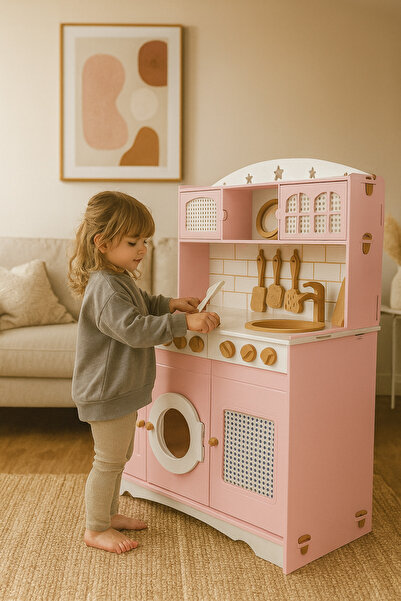 hedefixtoys Küçük Şefin Pembe Ahşap Mutfağı 9 Parça Servis Setli