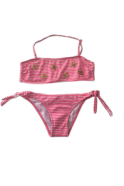 hazelin Kız Çocuk Pembe Beyaz Çizgili Arı Çıkartmalı 4-12 Yaş Straplez Bikini...