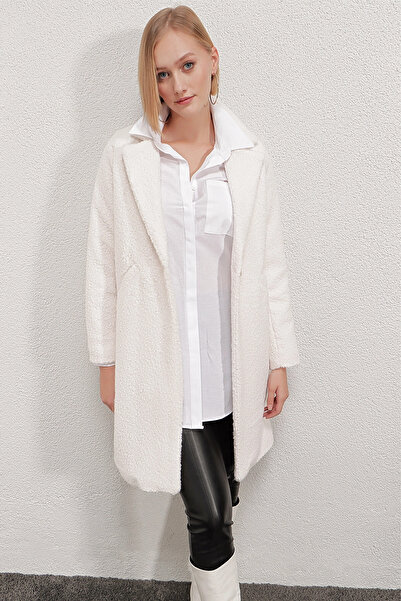 hazelin Women's Bone Single Button Double Pocket Lined Boucle Cashmere Coat Hzl22W-Bd190821
