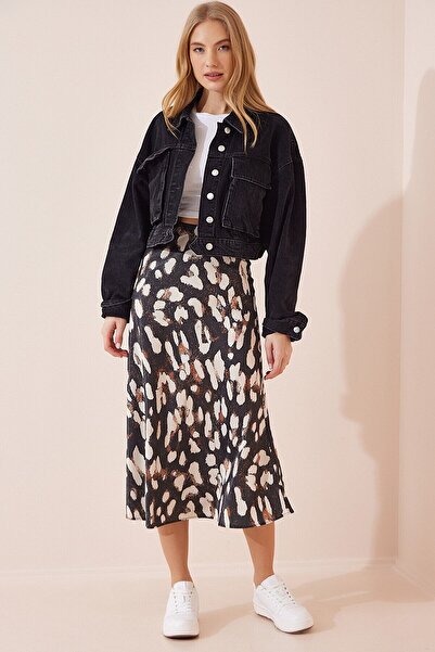 hazelin Women's Anthracite Patterned Satin Finished Midi Skirt with Elastic Waist Hzl23s-bd1101471