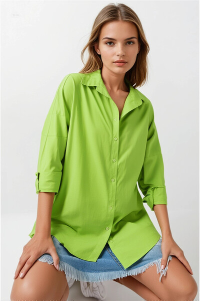 hazelin Kadın Fıstık Yeşili Oversize Uzun Basic Gömlek HZL22W-BD139001