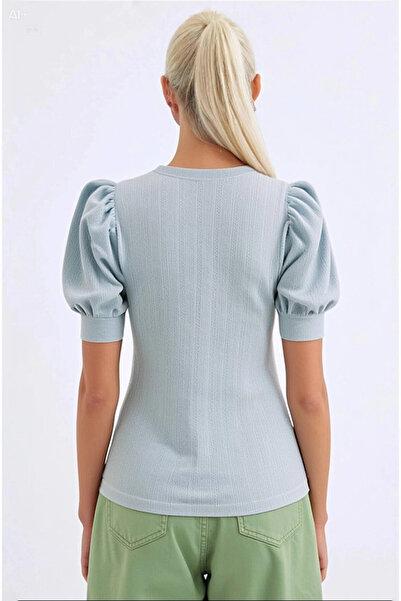 hazelin Bluză tricotată cu guler pătrat albastru deschis pentru femei HZL22W-BD104091