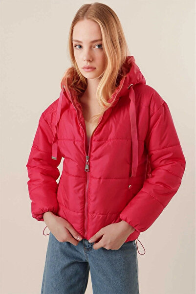 hazelin Women's Vibrant Pink Hooded Waist-Tie Puffer Jacket Hzl22W-Bd151171