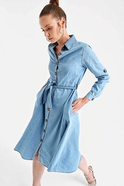 hazelin Women's Blue Belted Denim Long Sleeve Jean Shirt Dress Hzl22w-bd119241