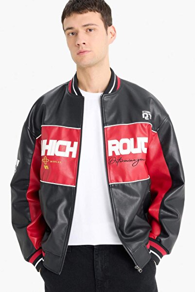 DeFacto Oversize Wide Fit College Collar Bomber Embroidery Detailed Zippered Faux Leather Inner Pocket Coat E9050Ax25Au