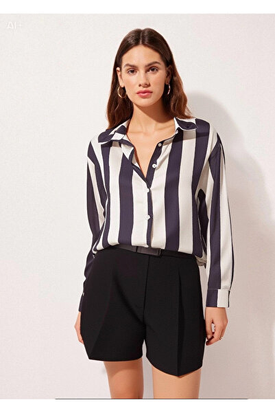 hazelin Kadın Siyah Krem Çizgili Saten Gömlek HZL23S-BD1201731