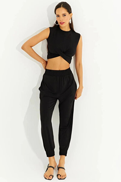 hazelin Women's Black Knotted Front Bottom-Top Double Shalwar Suit HZL23S-SND120141