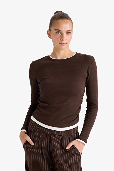 DeFacto Slim Fit Slim Fit Crew Neck Ribbed Long Sleeve T-Shirt E6548Ax25Au