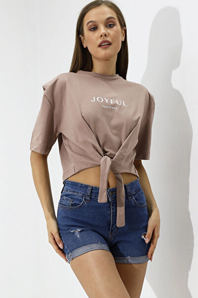 hazelin Γυναικείο πλεκτό μπλουζάκι με στάμπα σε μπεζ κείμενο με επένδυση με λεπτομέρεια μέσης HZL23S-DSB 120231