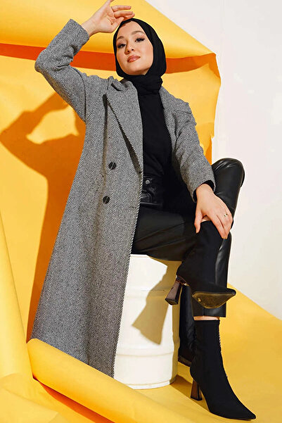 hazelin Women's Hijab Gray Wool Buttoned Double Pocket Lined Wide Fit Coat HZL23W-BD191131