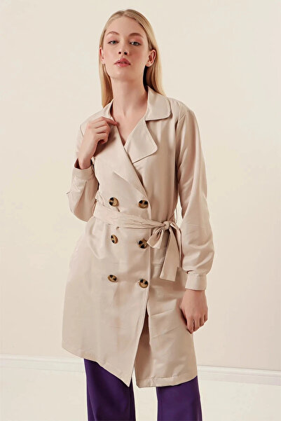 hazelin Women's Cream Double Breasted Collar Belted Unlined Seasonal Casual Short Trench Coat Hzl23S-Bd158641
