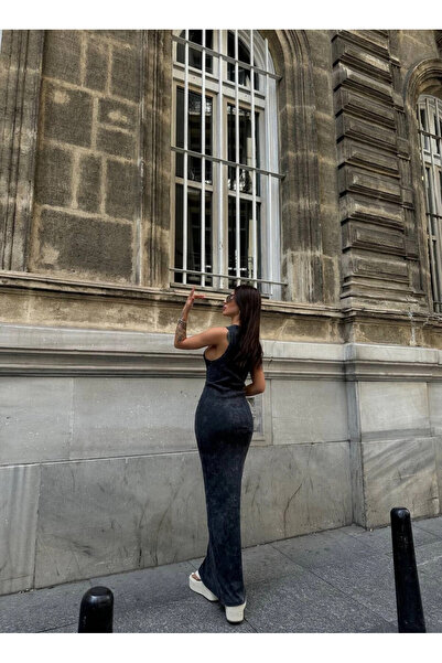 hazelin Black Corduroy Long Dress - Crew Neck, Zero Sleeve, Washable HZL24S-VL1241071