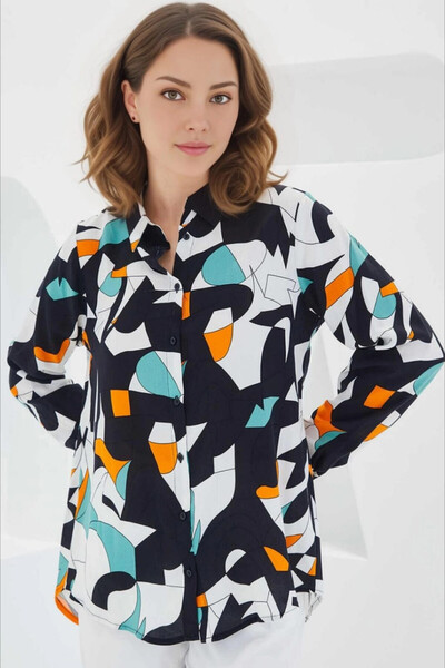 hazelin Geometric Patterned Black and White Viscose Shirt - Long Sleeve, Oversize, HZL24S-BD1202251