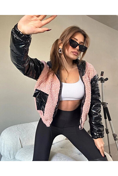 hazelin Women's Pink Black Patent Leather Lined Elastic Waist Hooded Crop Plush Coat Hzl24W-Brc144441